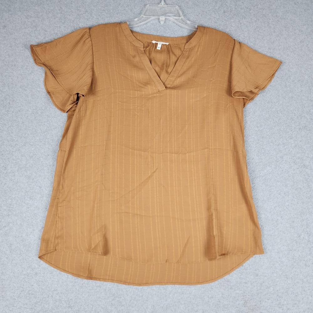 Maurices Blouse Womens M Brown Textured Grid Cognac Flutter Sleeve Split Neck